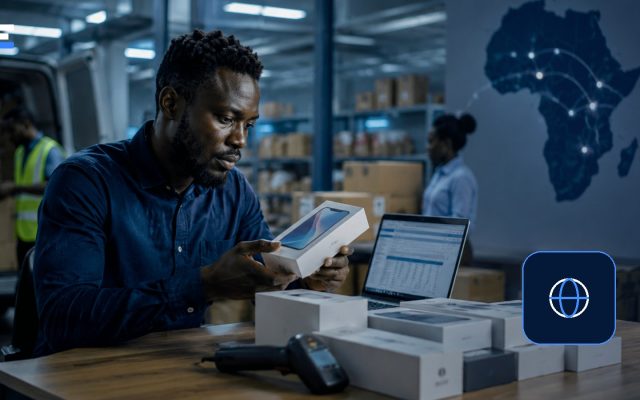 A technology logistics worker checking smartphone inventory beside a map of Africa