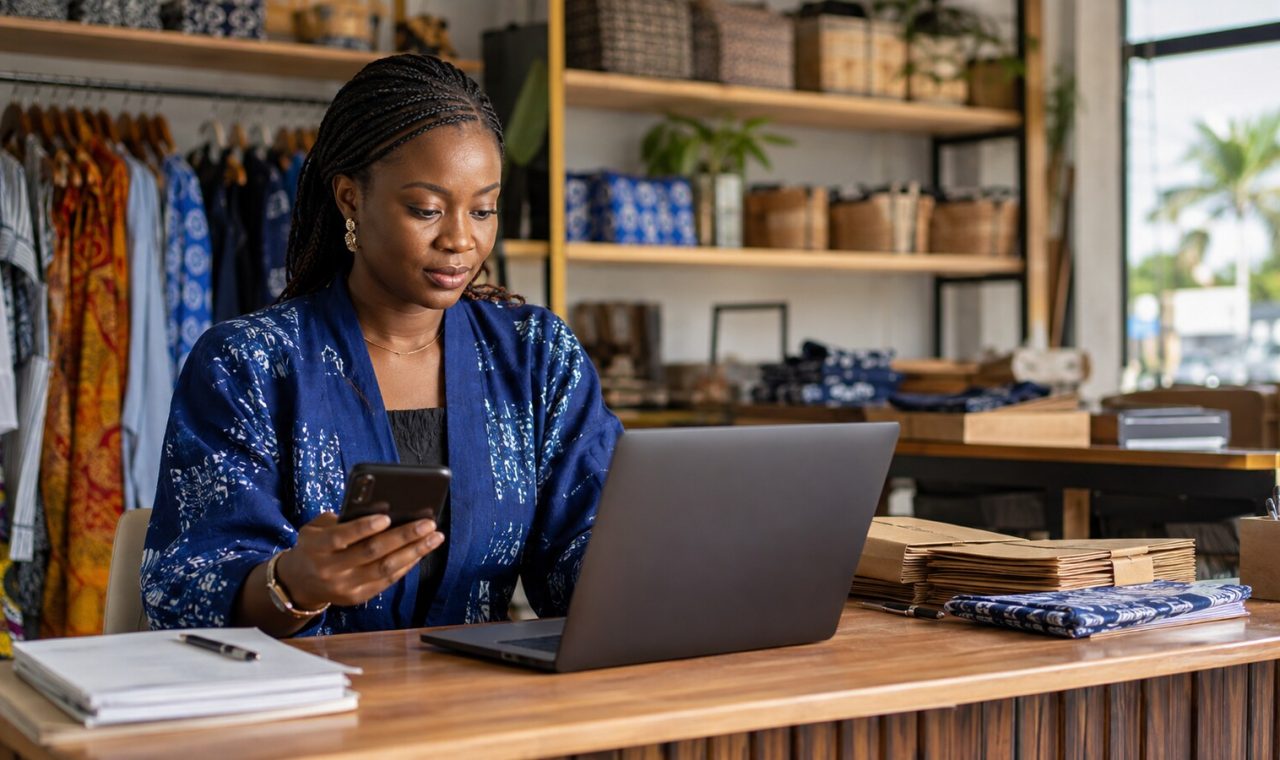 Nigerian small-business owner reviewing an AI-prepared order before approving it