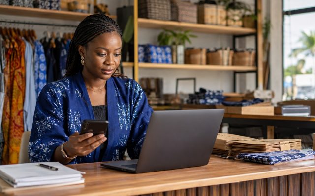 Nigerian small-business owner reviewing an AI-prepared order before approving it