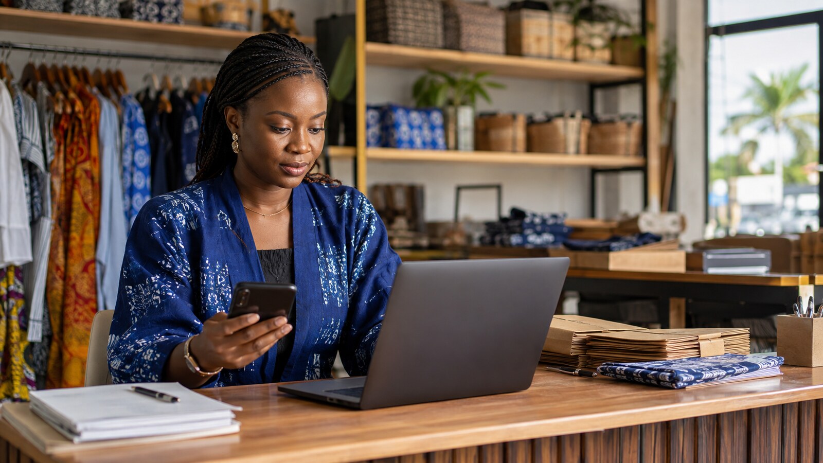 Nigerian small-business owner reviewing an AI-prepared order before approving it