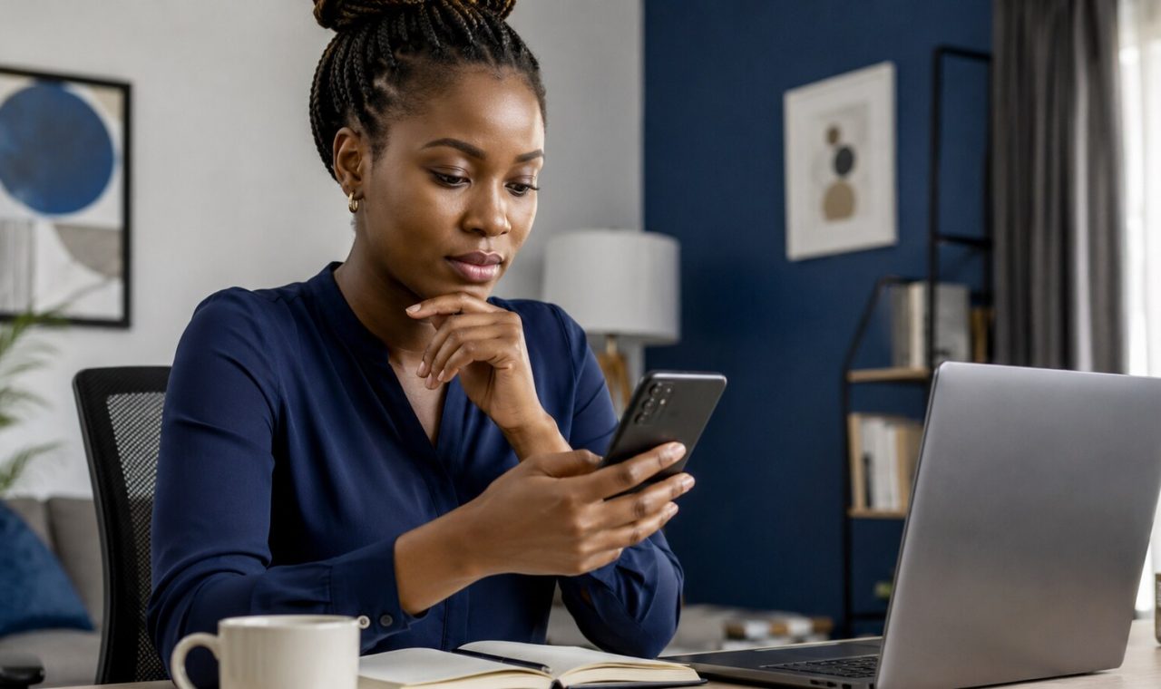 Nigerian woman reviewing privacy permissions on an Android phone