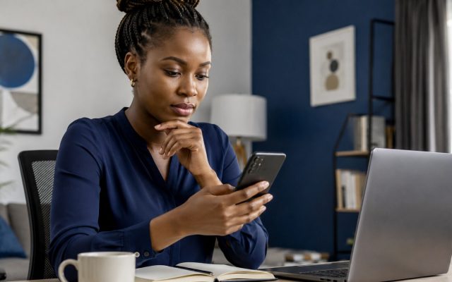 Nigerian woman reviewing privacy permissions on an Android phone