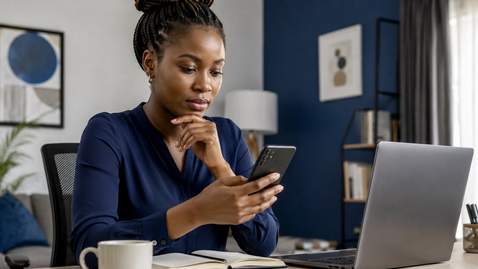 Nigerian woman reviewing privacy permissions on an Android phone