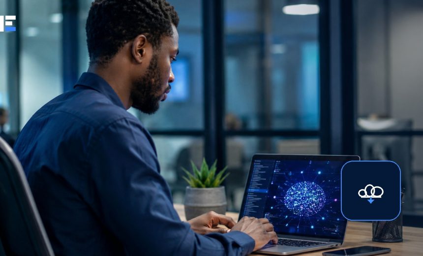 An African professional using cloud-connected business software on a laptop