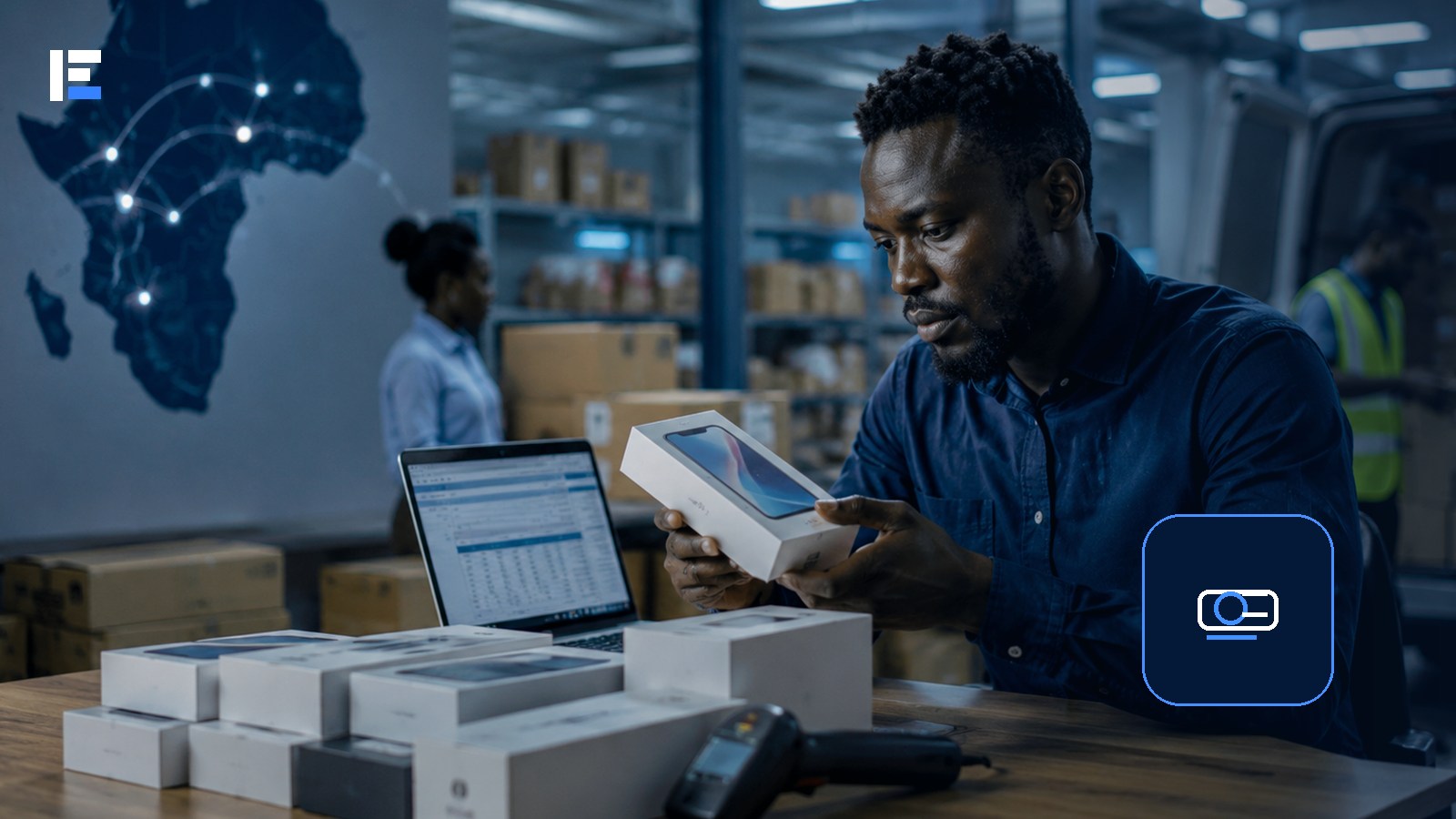 An African technology logistics professional reviewing digital identity and service access information