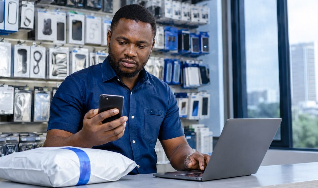 Nigerian shop owner checking a bank account before releasing an order