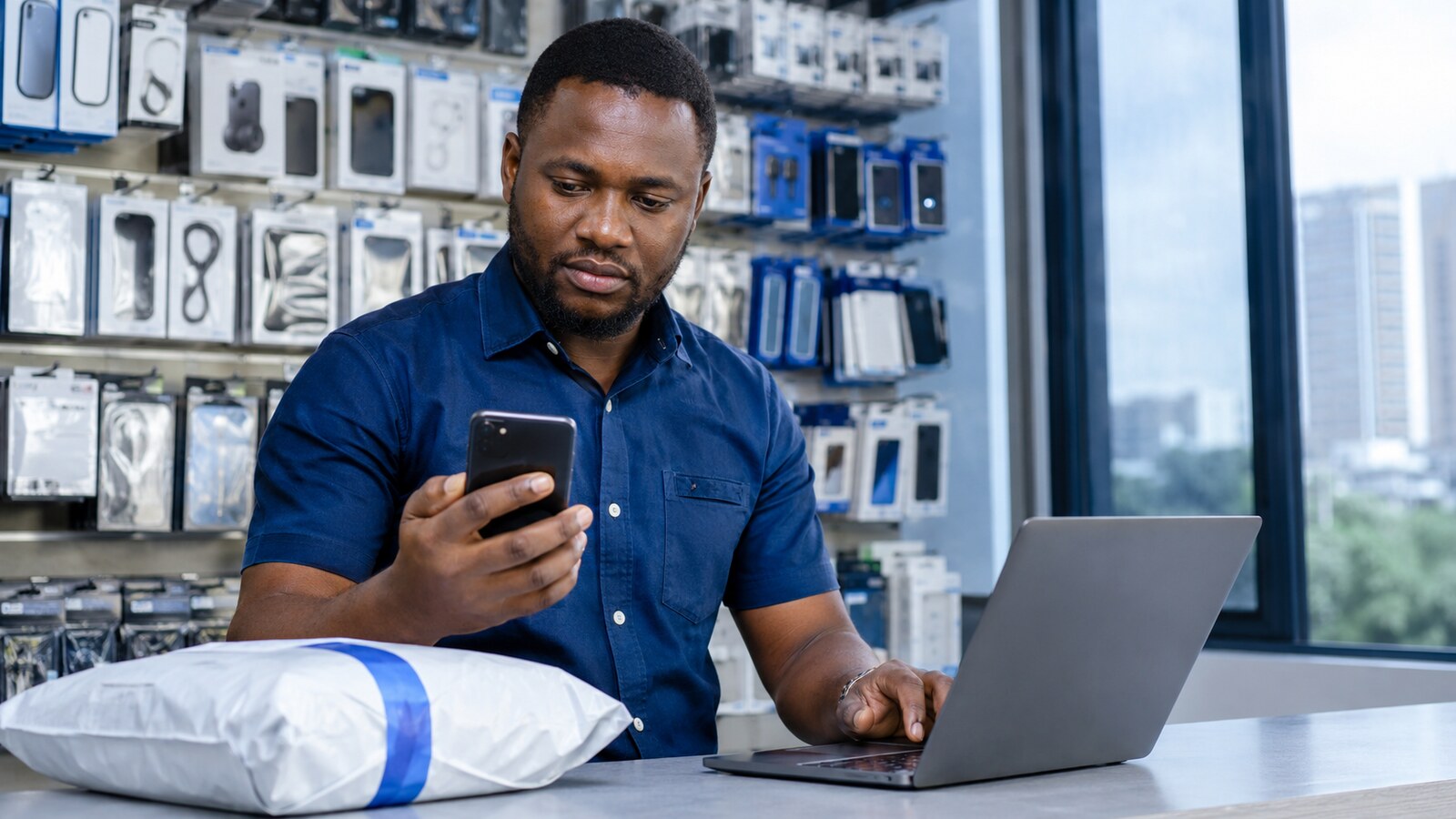 Nigerian shop owner checking a bank account before releasing an order