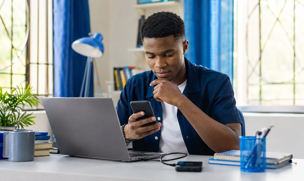 Nigerian student reviewing phone files beside a laptop and backup drive