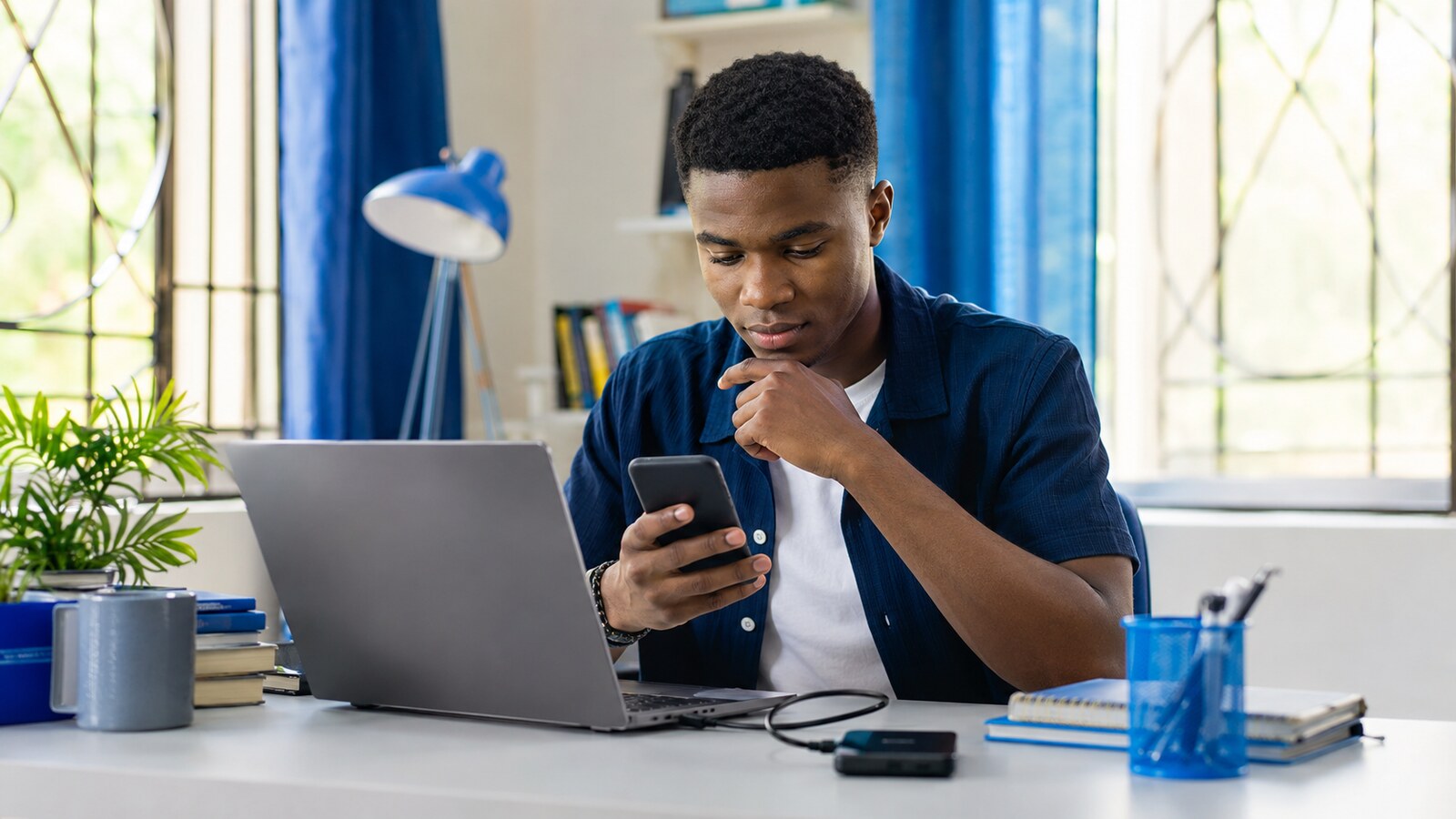 Nigerian student reviewing phone files beside a laptop and backup drive