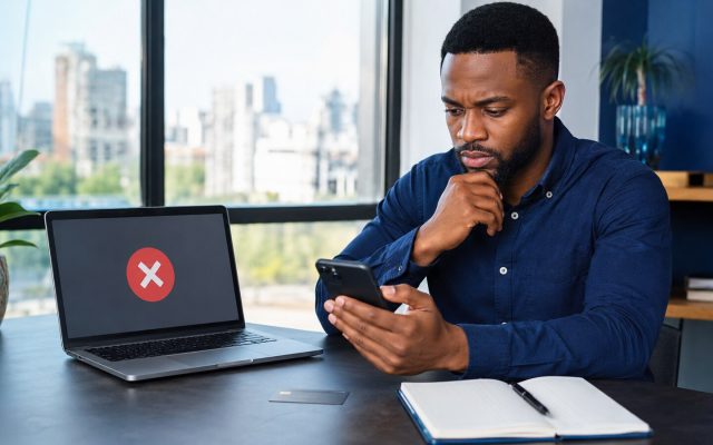 Nigerian mobile-app user reviewing a declined international card payment