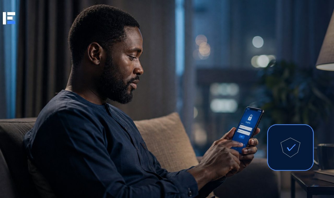 A Nigerian mobile banking user reviewing a secure login screen