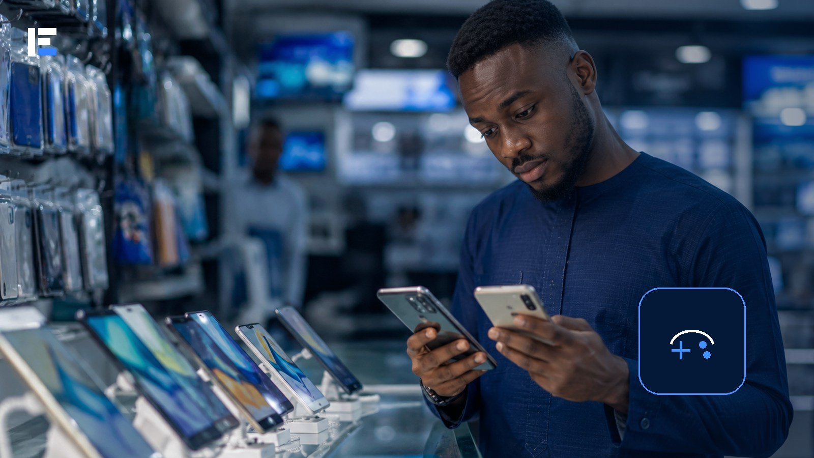 A Nigerian shopper comparing smartphones for mobile gaming in an electronics store