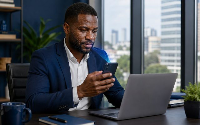 Nigerian professional approving a secure account sign-in with a phone