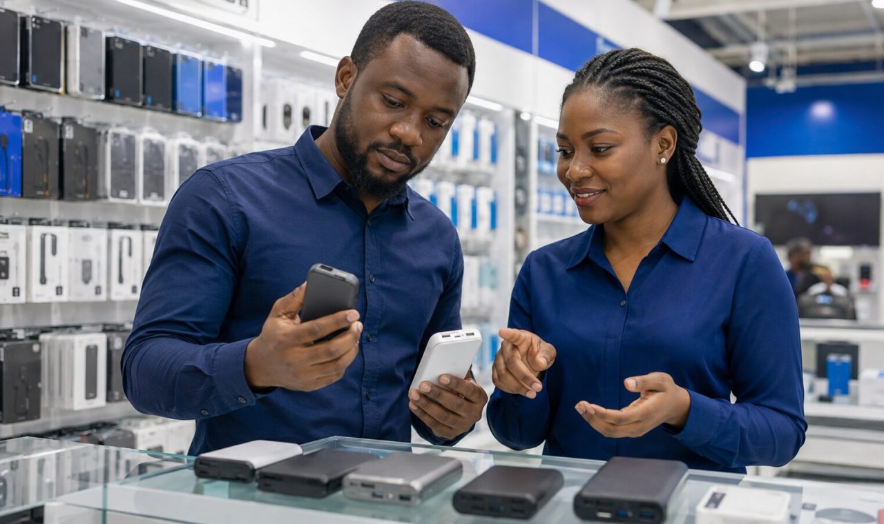 Nigerian buyer comparing the label and ports on two power banks