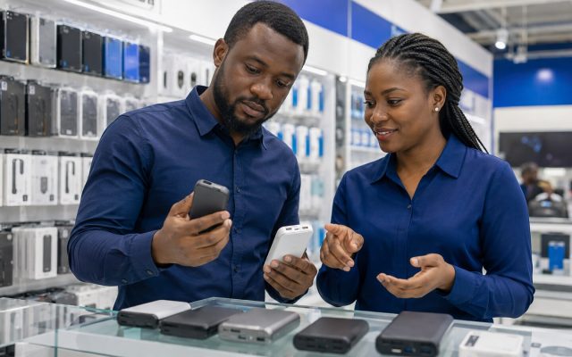 Nigerian buyer comparing the label and ports on two power banks