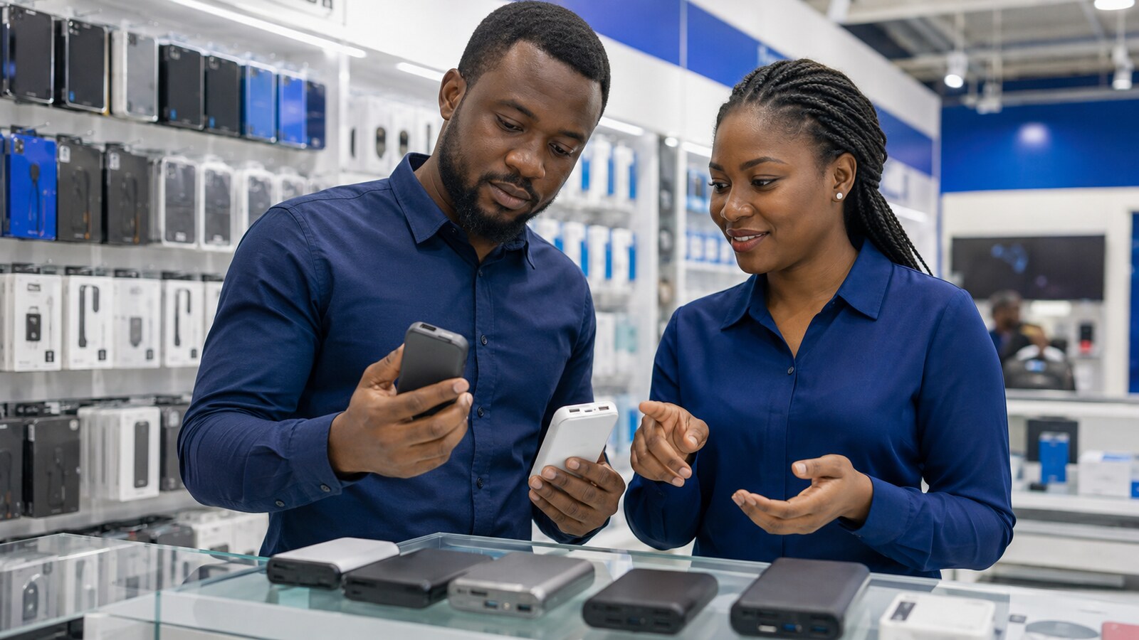 Nigerian buyer comparing the label and ports on two power banks