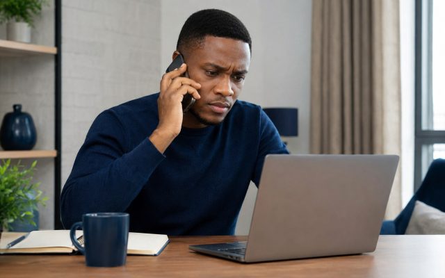 Nigerian phone owner using a trusted laptop and second phone to secure accounts