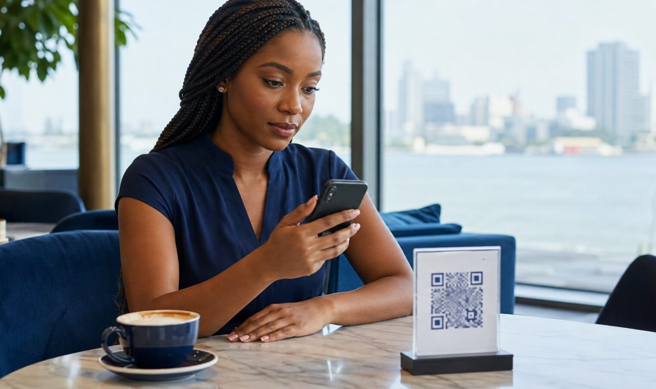 Nigerian cafe customer checking a QR code destination before opening it