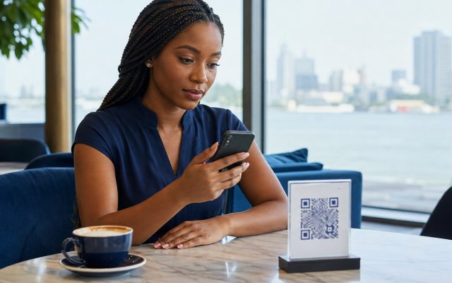 Nigerian cafe customer checking a QR code destination before opening it