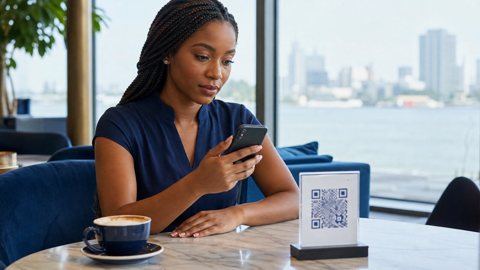 Nigerian cafe customer checking a QR code destination before opening it