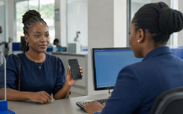 Nigerian bank customer presenting a transfer reference to a bank officer