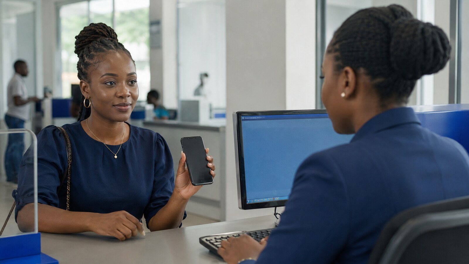 Nigerian bank customer presenting a transfer reference to a bank officer
