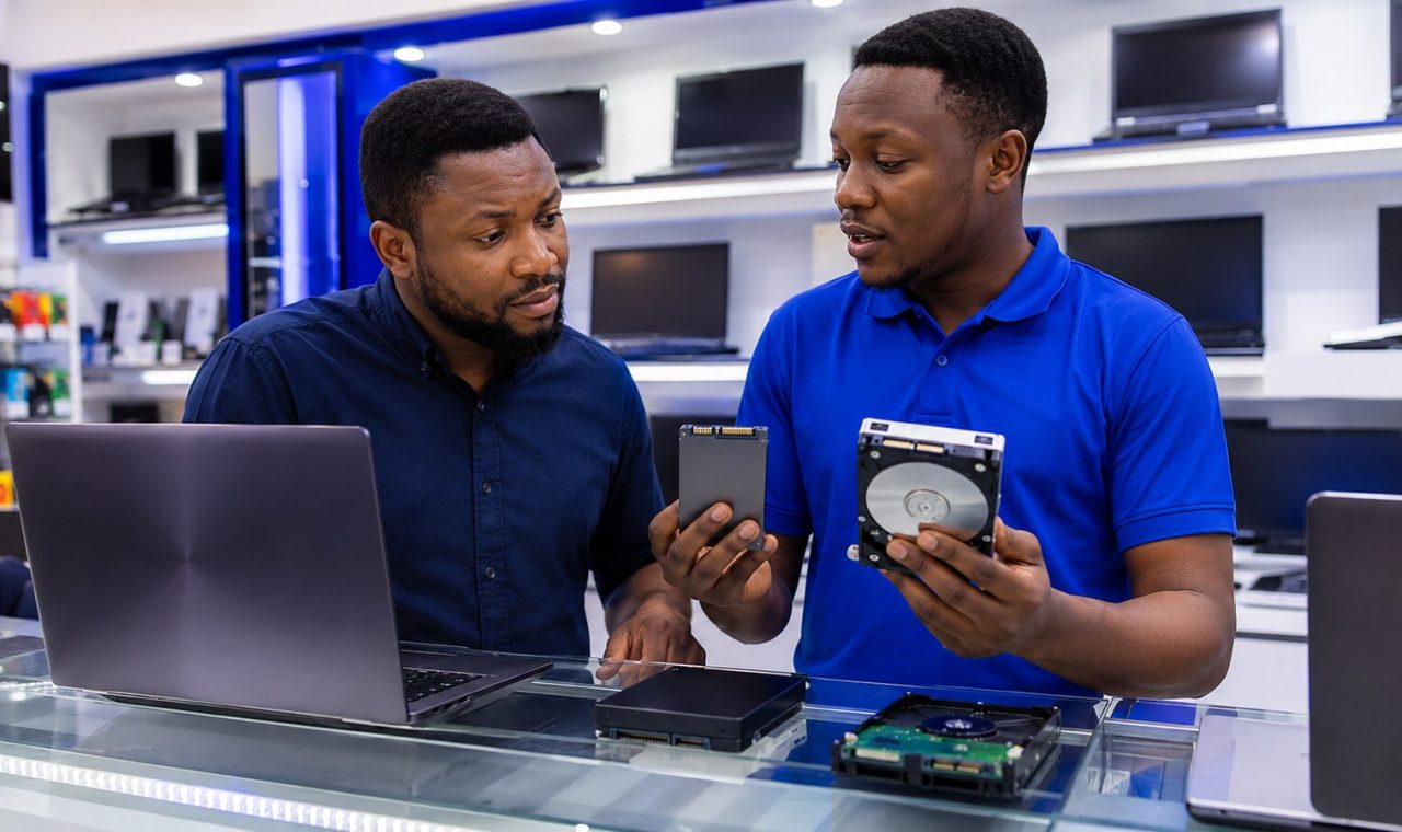 Nigerian laptop buyer comparing an SSD and hard disk with a technician