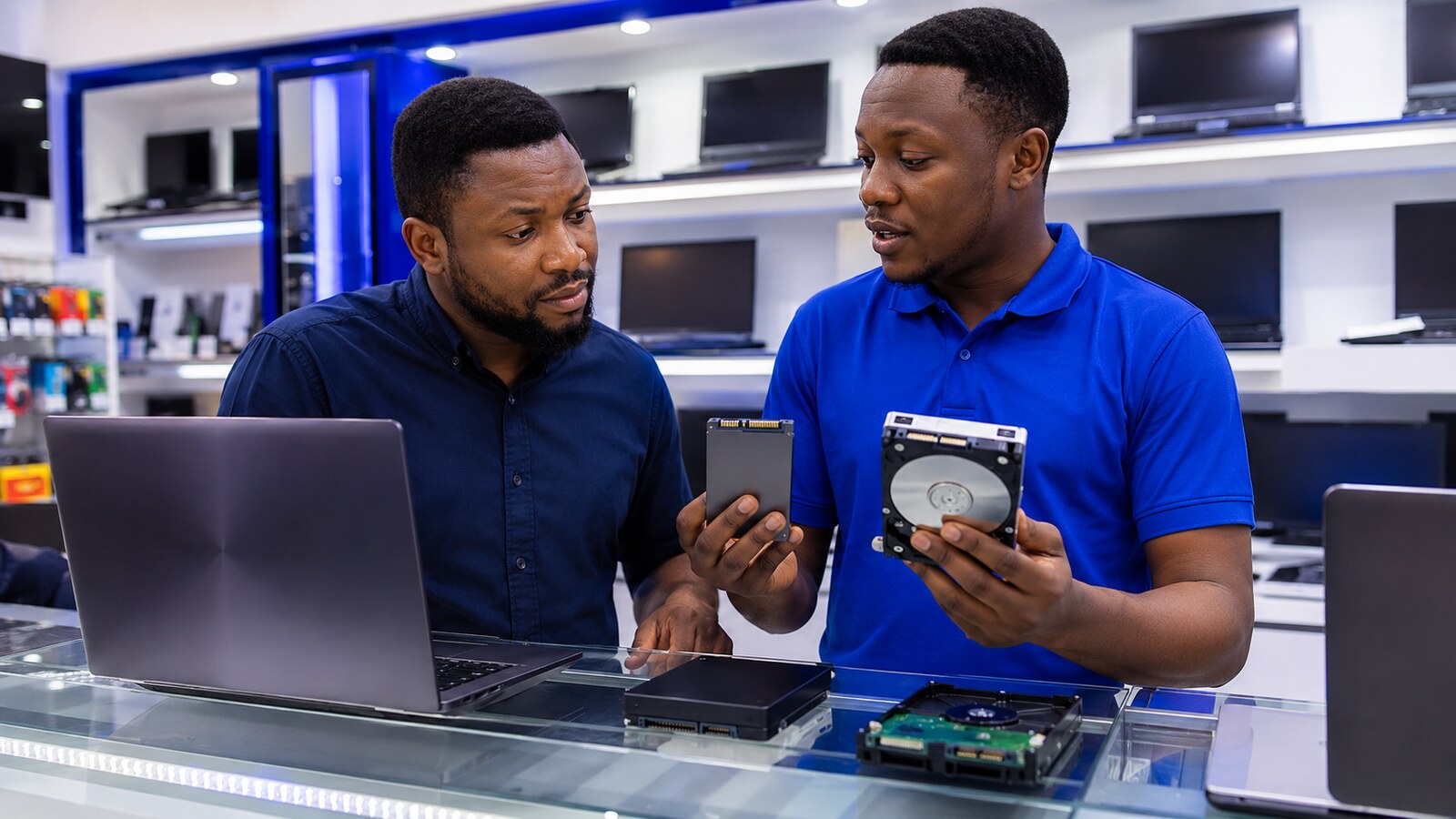 Nigerian laptop buyer comparing an SSD and hard disk with a technician