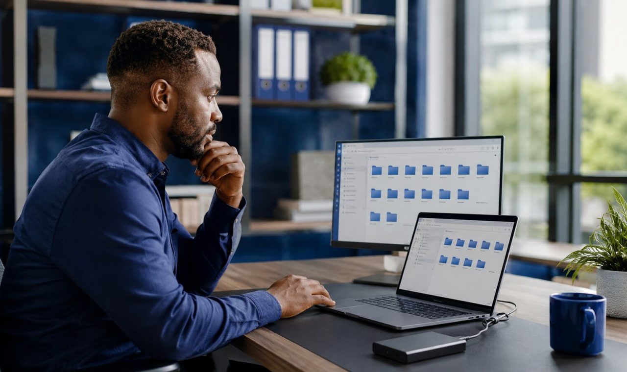 Nigerian business owner checking files on a laptop and external backup drive