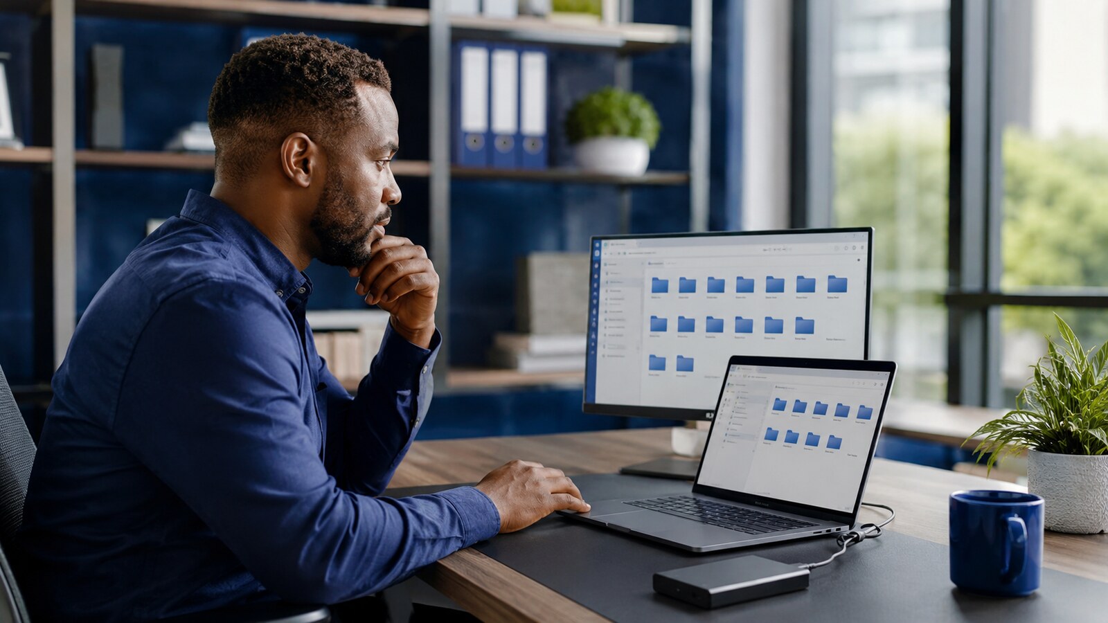Nigerian business owner checking files on a laptop and external backup drive