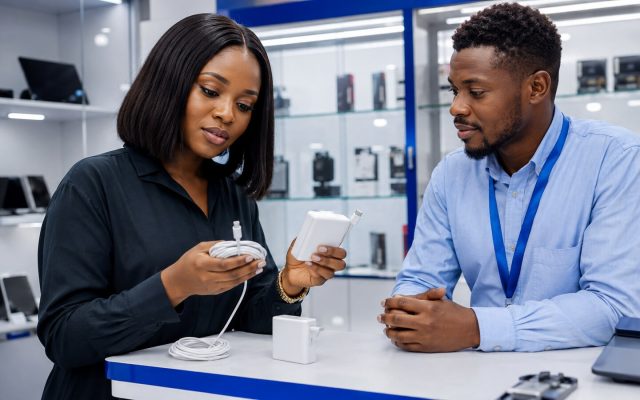 Nigerian buyer comparing USB-C laptop chargers and cables in a shop