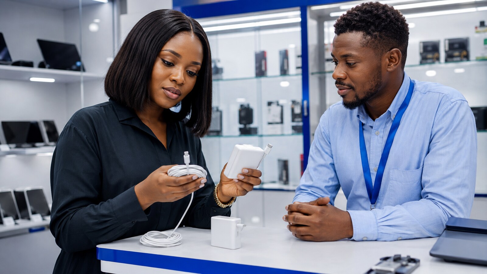 Nigerian buyer comparing USB-C laptop chargers and cables in a shop