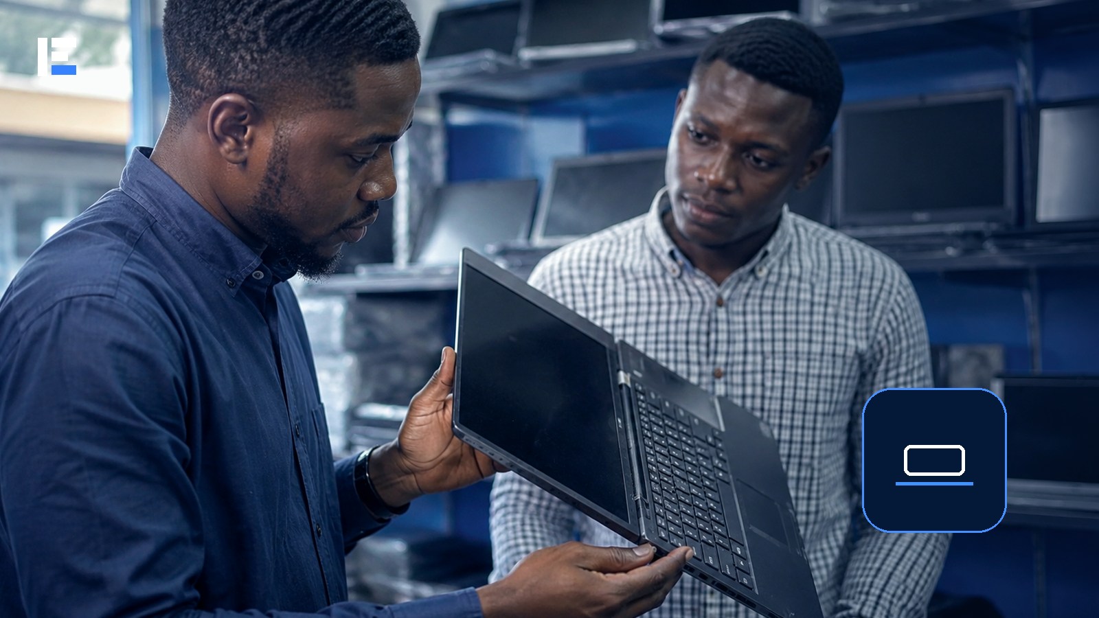 Two Nigerian shoppers inspecting a used laptop in an electronics store